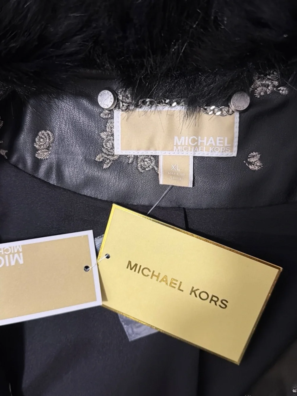 Michael Kors Black Bomber Jacket with Silver Floral Print and Faux Fur Collar